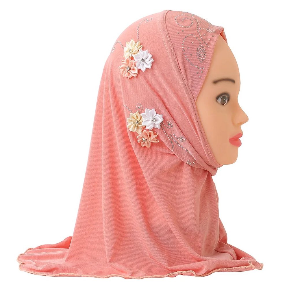 Kids Hijab Ready To Wear Turban with Flowers Scarfs Jersey Head (2-7 Y)